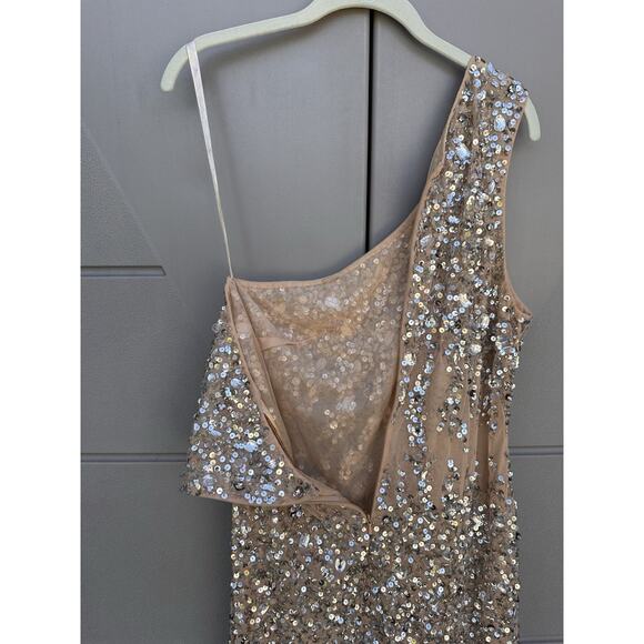 Mac Duggal 10977 Nude One Shoulder Asymmetric Sheer Hand Beaded Mini Dress Sz 12 - Picture 12 of 16